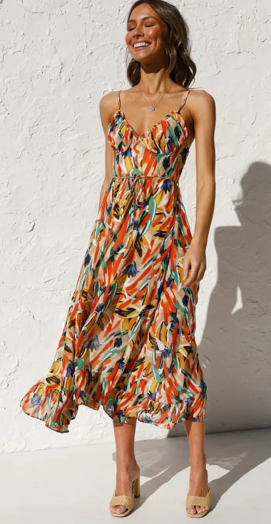 Styles Hub Women’s Colorful Print V-Neck Spaghetti Strap Sundress – Casual Loose Fit Beach Dress with Back Zipper